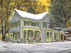 a painting of a house in the snow