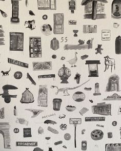 an image of many different things on the wall in black and white, including pictures