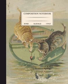 two cats are playing in the water near a fish and a book cover that says composition notebook