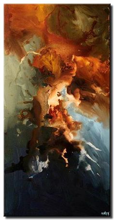 an abstract painting with oranges and browns on the bottom, blue sky in the background