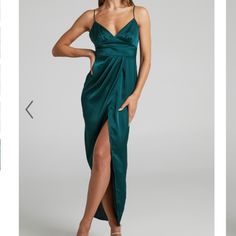 Brand New, Unworn, Unused, Tags Are Attached It Is A Showpo Satin Maxi Dress In Emerald Green. Sleek And Classy Maxi Featuring A V-Neckline, Bust Seam Gathering Detail, Fitted Waist Panel And A High-Low Tulip Skirt With Pleat Detail, This Incredible Dress Is Perfect For Any Special Events Invisible Zip And Hook-And-Eye On The Centre Back Fine Adjustable Straps Satin-Like Fabric Finish Partially Lined In Bodice Material & Care Made With 100% Polyester Wash With Similar Colours, Wash Inside Out, C Green Draped Prom Dress, Green Surplice Neckline Party Dress, Green Formal Dress With Surplice Neckline, Formal Green Dress With Surplice Neckline, Green Ruched Dinner Dress, Green Ruched Dress For Dinner, Green Midi Dress With Surplice Neckline For Evening, Green Draped Satin Dress, Green Satin Dinner Dress