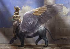 an animal with wings standing next to a statue