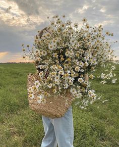 a person holding a basket full of daisies in a field with clouds above them