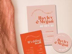 an orange and pink wedding stationery on a white background with matching stickers for the couple's names