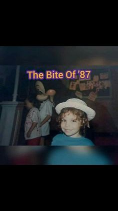 the bite of'78 is shown in front of a blurry background with an image of two people wearing hats