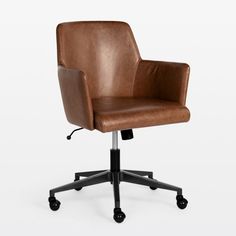 a brown leather office chair with casteors and wheels on an isolated white background, viewed from the front