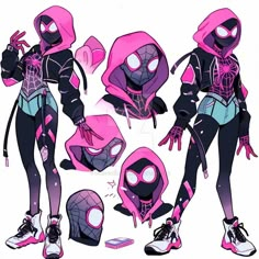 some pink and black spider - man costumes are shown in this cartoon character model sheet