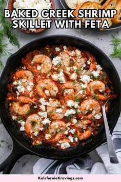 baked greek shrimp skillet with feta in a pan