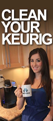 a woman in a blue dress holding a coffee mug with the words clean your keurig on it