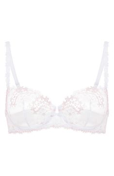 This romantic lace-detailed demi bra provides natural lift and shaping via sheer tulle cups veiled in delicate floral embroidery. 92% polyester, 8% elastane Hand wash, dry flat Imported Delicate Lace Bra With Lace Trim, Feminine White Bra With Lace Closure, White Feminine Bra With Lace Closure, Delicate Lace Bra With Lace Closure, Fitted Lace Trim Bra For Wedding, Feminine Full Cup Bra With Lace Trim, Feminine Lace Closure Push-up Bra, Feminine Bra With Lace Closure, Feminine Fitted Bra With Lace Closure