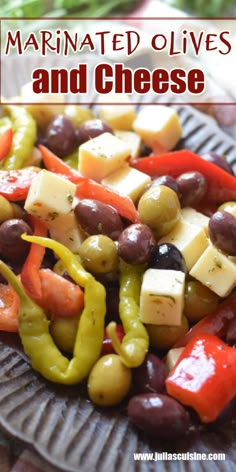 an image of marinated olives and cheese salad on a plate with text overlay