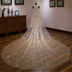 the back of a wedding dress on display in a room with wooden floors and paintings