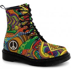 Peace and Love Colorful Hippie Boots! Made from Eco and Vegan-friendly Leather. Thank you for stopping by. If you like my work please visit the rest of my store as there are several designs to choose from. I add new designs regularly and even make custom creations. So if you don't find what you are looking for please contact me and I would be happy to create a custom design for you. All my shoes are created with a print process and the designs will last for the life of the shoe. No fads, peels e Galaxy Boots, Hippie Shoes, Hippie Boots, Clown Costume, Moccasin Boots, Soft Textiles, Hippie Outfits, Painted Shoes, Designer Boots