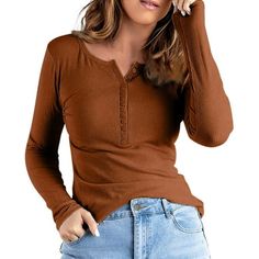 Womens Crew Neck Shirts Long Sleeve Tshirts Button Down Shirts Knit Shirt Casual Plain Tops Features: MaterialWomen's Casual Short Sleeve T-Shirts are made of lightweight soft material that is smooth, stretchy and stretchable, flexible and breathable for all day comfort. FeaturesLong Sleeve Shirts, Womens Autumn Tops, Tunic Tops for Leggings for Women, Solid Color, Lightweight Shirt for Women, Slim Fit, Basic Tunics, Deep V Neckline Tops, High elastic Shirts, Front Button Placket Detail. MatchTh Fall Tees For Women, Tops For Women 2023, Fall Tops For Women, Long Sleeve Tshirts, Tunic Tops For Leggings, Thrift Inspo, Breathable Clothes, Winter Knit Sweater, Loose Fit Blouse