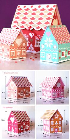 the instructions for how to make a paper house with hearts and flowers on it's roof