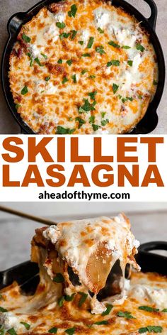 the skillet lasagna is loaded with cheese, sauce and other toppings