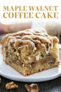 a close up of a piece of cake on a plate with the words maple walnut coffee cake