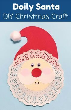 a paper santa hat with the words diy christmas craft on it and a white doily