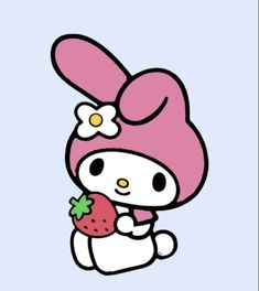 a hello kitty sticker with a strawberry in it's hand and a flower on her head