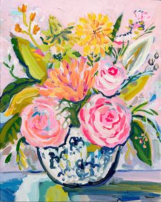 a painting of flowers in a vase on a table