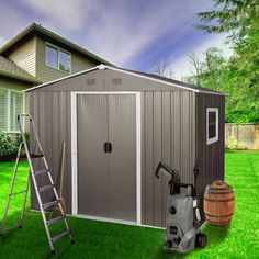 a garden shed with the door open and a ladder next to it