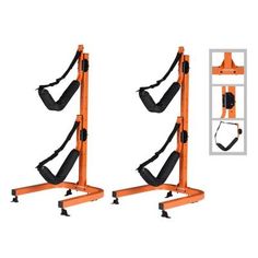 two orange stands with black straps on them