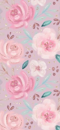 pink and blue flowers on a light purple background with gold glitters in the middle