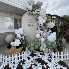 an outdoor display with balloons and stuffed animals