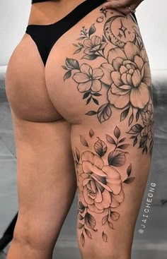 Whole Thigh Tattoo Women, Hip Floral Tattoos Women, Floral Side Piece Tattoo, Back To Thigh Tattoo Women, Flower Losing Petals Tattoo, Women’s Thigh Sleeve, Womans Hip Tattoo, Cool Thigh Tattoo For Women, Back To Leg Tattoo Women