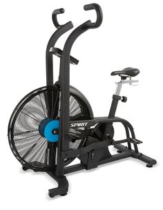 an exercise bike with a fan on the front and back wheels, is shown against a white background