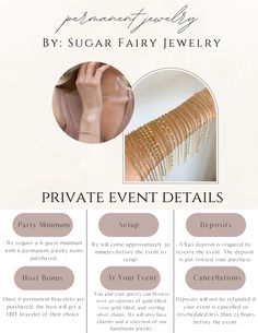 a flyer for a private event featuring jewelry items and information about the price of each item