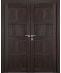 two wooden doors with metal handles and glass panels on each side, both in dark wood