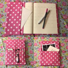 pink and white polka dot covered notebooks with pens, scissors and paper on them