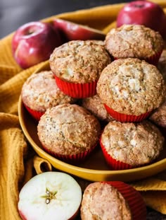 apples and muffins on a yellow plate