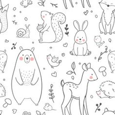 hand drawn doodle animals and birds in the forest with hearts, flowers, leaves