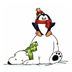 a penguin is sitting on top of a polar bear with money in its paws and wearing a scarf