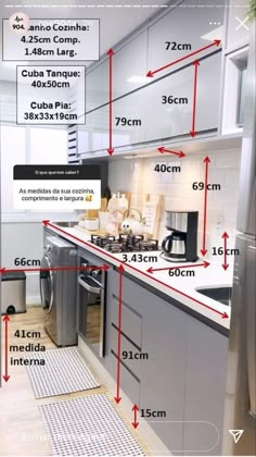 the kitchen is labeled with measurements for different appliances