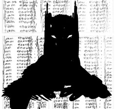 a black and white photo of a batman silhouetted against some type of scripting