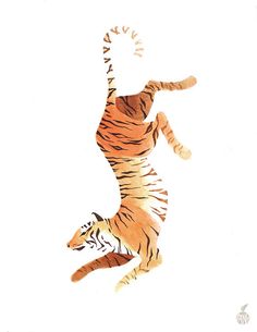 a watercolor painting of a tiger leaping up to catch a frisbee in the air