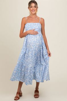 Light Blue Floral Cutout Tie Back Maternity Midi Dress Sleeveless Blue Maxi Dress For Maternity, Spring Blue Floral Maternity Dress, Blue Cotton Maternity Dress, Summer Tiered Maternity Dress, Blue Floral Print Maternity Dress For Summer, Summer Blue Floral Print Maternity Dress, Spring Maternity Tiered Dress, Summer Blue Floral Maternity Dress, Spring Maternity Wear Tiered Dress