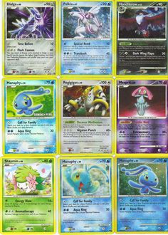 the pokemon trading cards are all in different colors and sizes, including blue, yellow, green