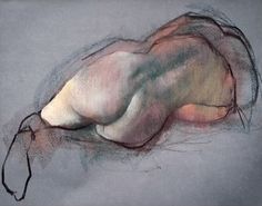 a pastel drawing of a nude woman's head and torso, resting on her back