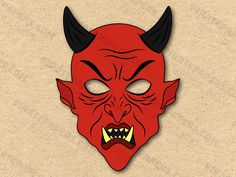 a red devil mask with horns and fangs on it's face is shown in front of a beige background