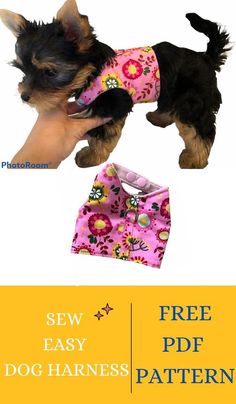 a small dog wearing a pink flowered shirt with the words sew easy and free pattern