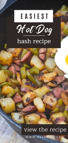 a skillet with hash browns and an egg on top, in front of the recipe title