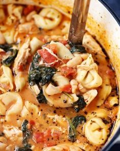 a ladle full of pasta and spinach soup