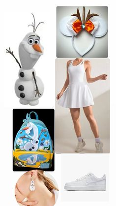 a woman in white dress standing next to a snowman and frozen princess character costume