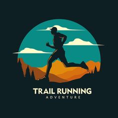 a man running on the trail with mountains and trees in the background, logo design