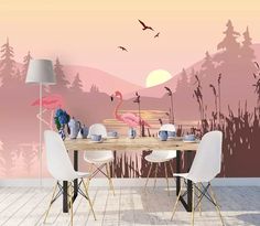 an image of a dining room setting with flamingos on the wall and pink sunset in the background