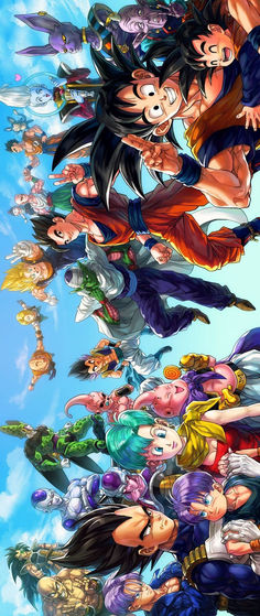 an image of anime characters flying in the sky with their heads tilted to look like they are